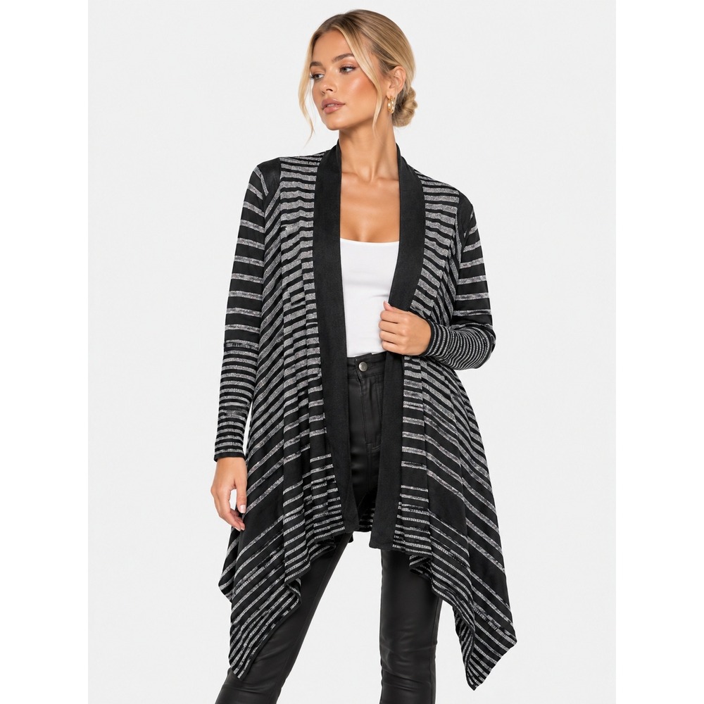 Twiggy London Black Silver Metallic Striped Open Front Waterfall Cardigan XS/S